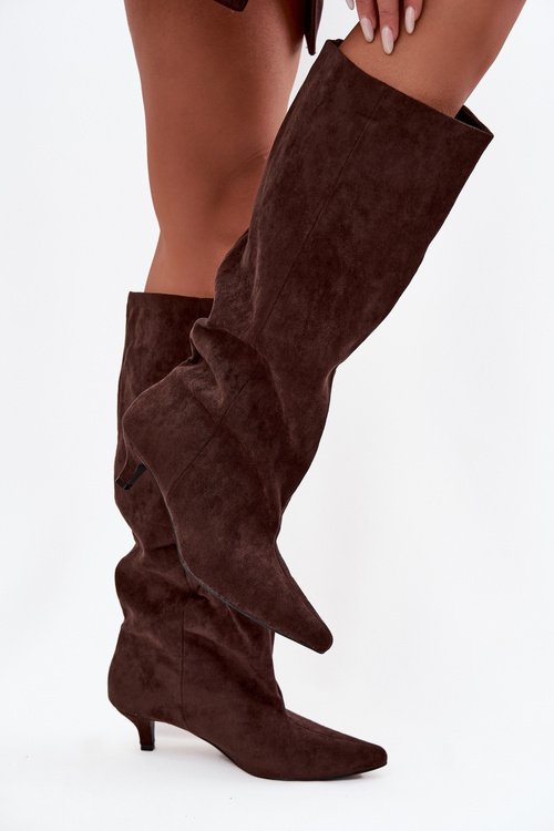 Жіночі чоботи на підборах з еко замші шоколадні Pheona