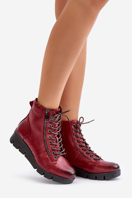 Легкі теплі жіночі ботильйони на платформі та танкетці бордового кольору Savindria