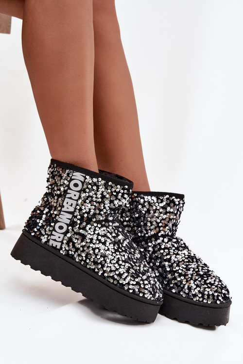 Жіночі зимові чоботи на платформі прикрашені пайєтками чорні сріблясті Silmo