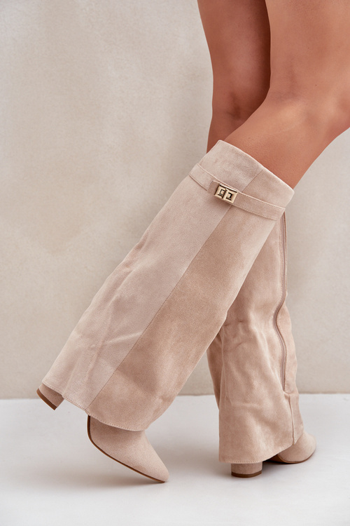 Жіночі Чоботи На Каблуку До Коліна Світло Бежеві Portora