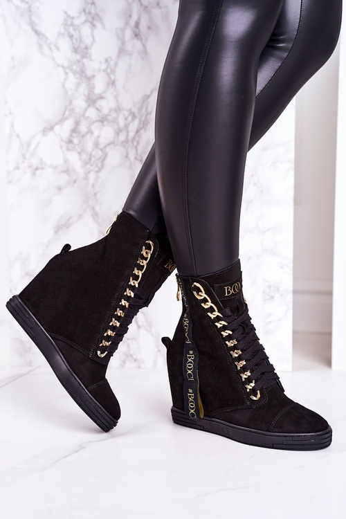Жіночі замшеві кросівки на танкетці зі стрічкою BOOCI 2222/543/z Чорні