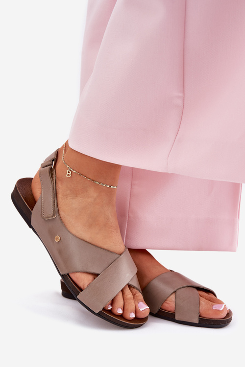 Шкіряні сандалі на липучці темно-бежеві Зазу 40141