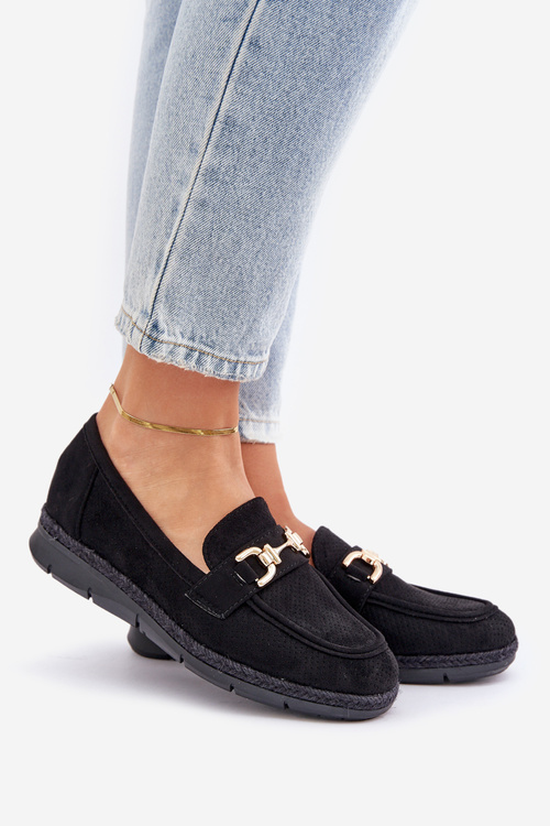 Перфоровані лофери з золотим елементом та джутом чорні Lainer