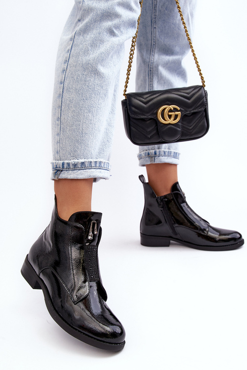 Жіночі глянцеві ботильйони з пухнастою підкладкою на підборах SBarski HY75-120 Чорні