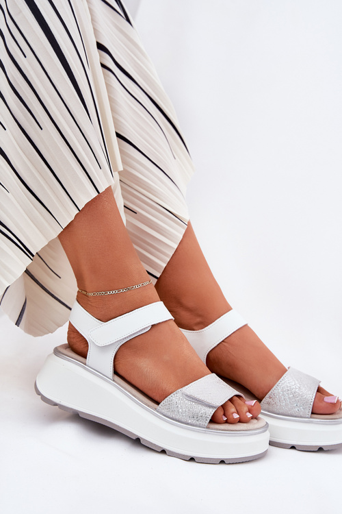 Жіночі Шкіряні Сандалі На Платформі І Каблуку З Липучкою S.Barski LR51-543 Сріблясті