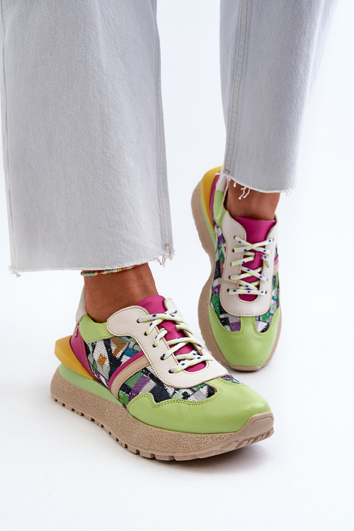 Жіночі шкіряні кросівки на платформі Maciejka 06322-09 Зелено-рожеві