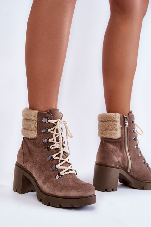 Жіночі замшеві чоботи на каблуці коричневі Fenya