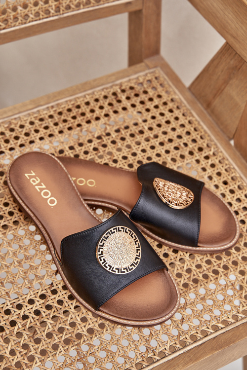 Шкіряні Сандалі З Декорацією На Плоскому Каблуці Zazoo 3047/O Чорні