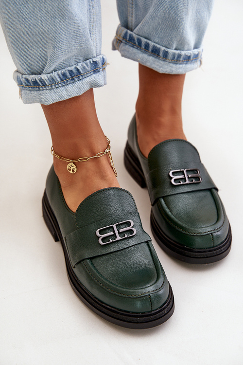 Темно-зелені шкіряні елегантні жіночі лофери Zazoo 20174 на плоскому каблуці