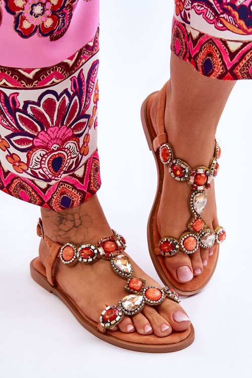 Замшеві босоніжки на плоскій підошві з камінням помаранчеві Dallas