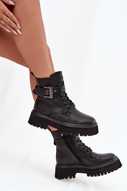 Шкіряні жіночі робочі черевики утеплені з декоративною пряжкою D&A MK52-032 Чорні