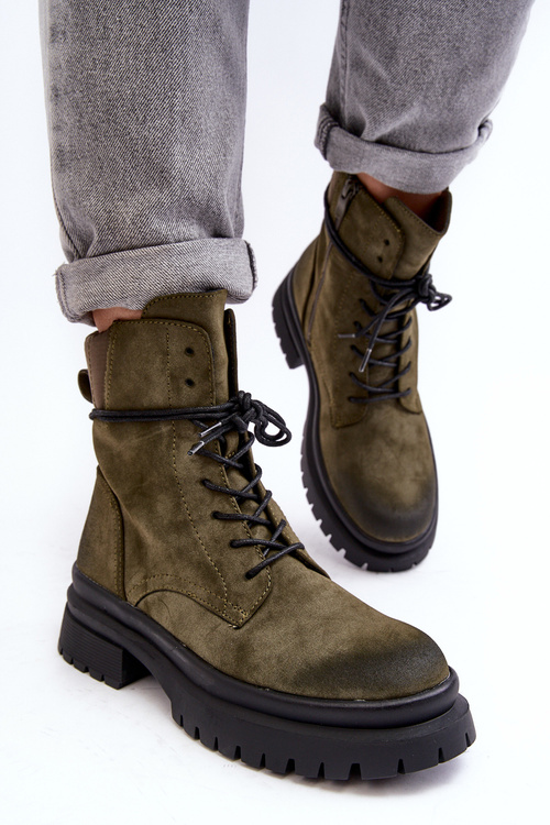 Чоботи жіночі Trappers на товстій підошві Темно-зелені Narelona