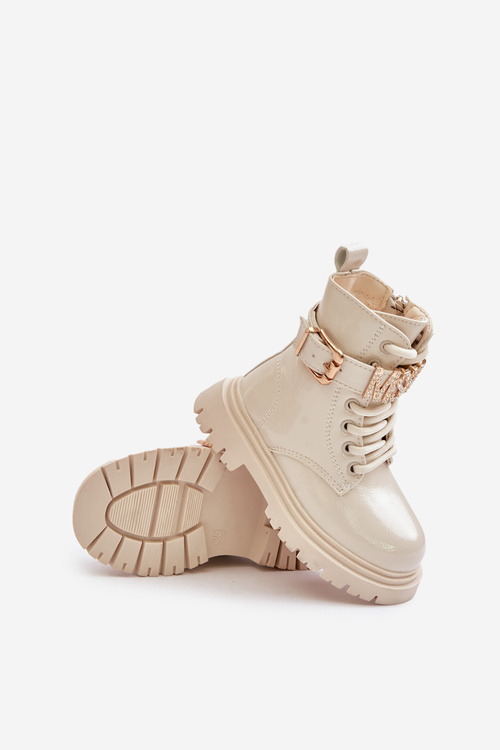 Дівчачі лаковані чоботи утеплені з декоративним ремінцем Gilian бежеві