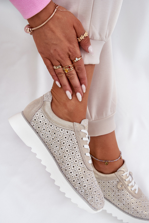 Замшеві перфоровані кросівки на платформі золоті LR51-927