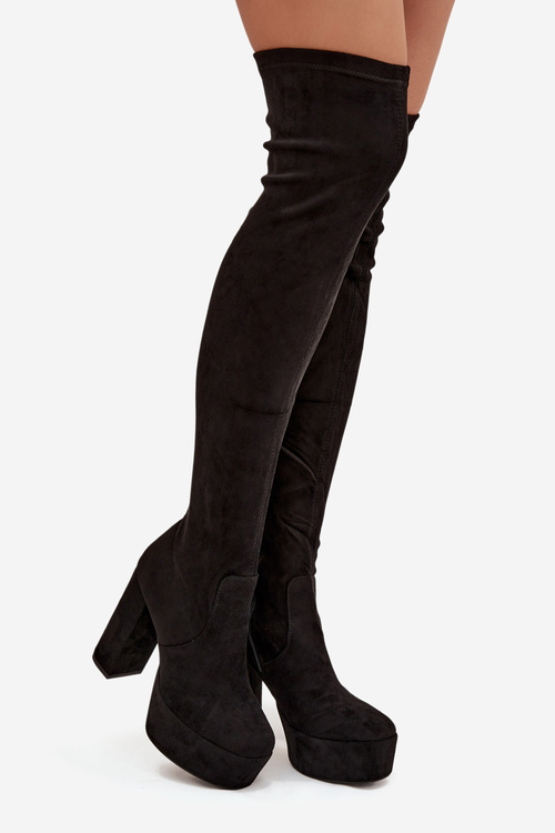 Чоботи на каблуці та платформі за коліно еко замшеві чорні Амареен