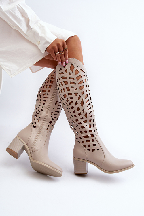 Чорні ажурні чоботи на підборах Pinkema