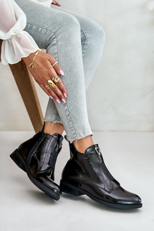 Черевики жіночі лаковані на плоскому каблуці утеплені чорні S.Barski HY42-120 чорні