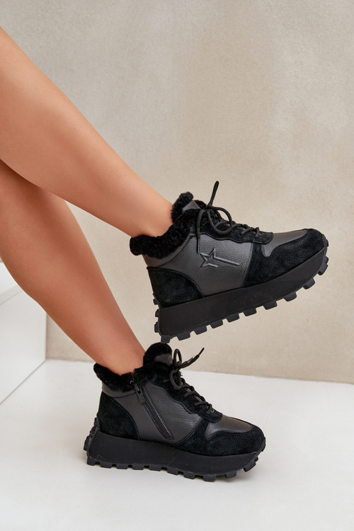 Шкіряні Кросівки Ботильйони Жіночі З Пухом На Платформі Big Star OO274A329 Чорні