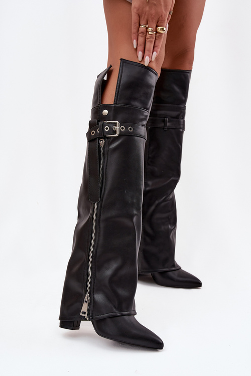 Теплі жіночі чоботи за коліно на підборах з ремінцем пряжкою і срібною блискавкою Чорні Reisa