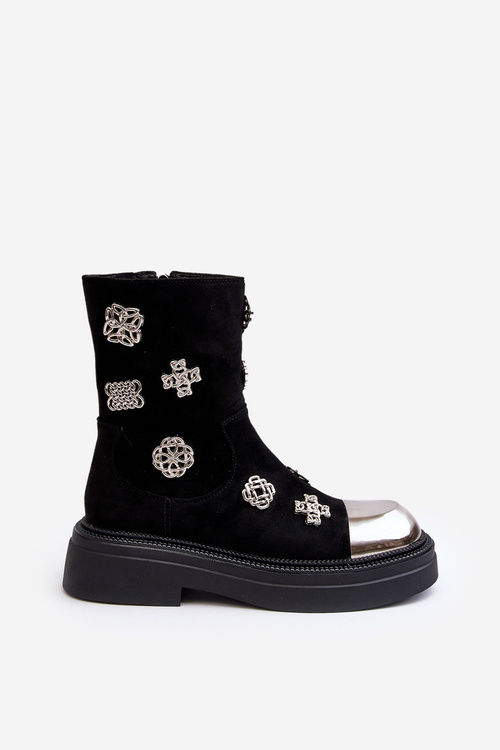 Шкіряні стьобані черевики з прикрасами D&A MR870-14 Чорні