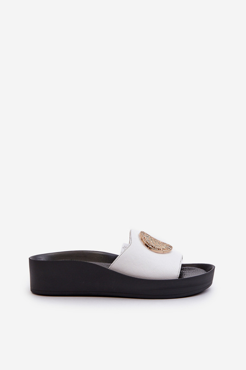 Zazoo 2920 Жіночі шкіряні босоніжки на танкетці із золотими деталями Білі Zazoo 2920