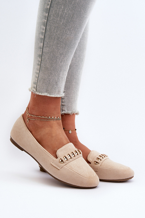 Блискучі жіночі лофери з ланцюжком бежеві Aredilla