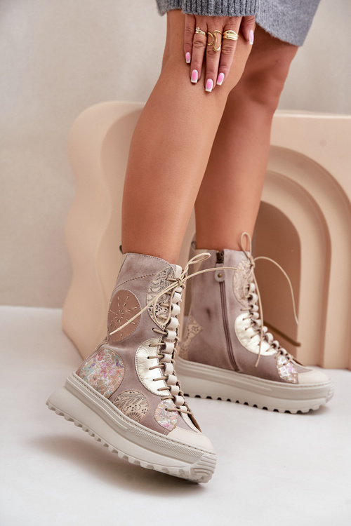 Шкіряні замшеві ботильйони на платформі утеплені Maciejka 06565-04 Бежеві