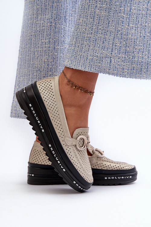 Жіночі шкіряні блискучі мокасини на платформі з декором S.Barski LR750 Gold