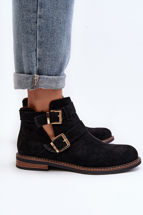 Жіночі ботильйони на плоскій підошві з ремінцями чорного кольору Melviana