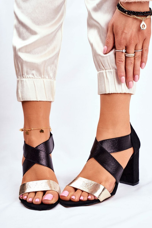 Елегантні сліпони на блочному каблуці чорно-золоті Varina