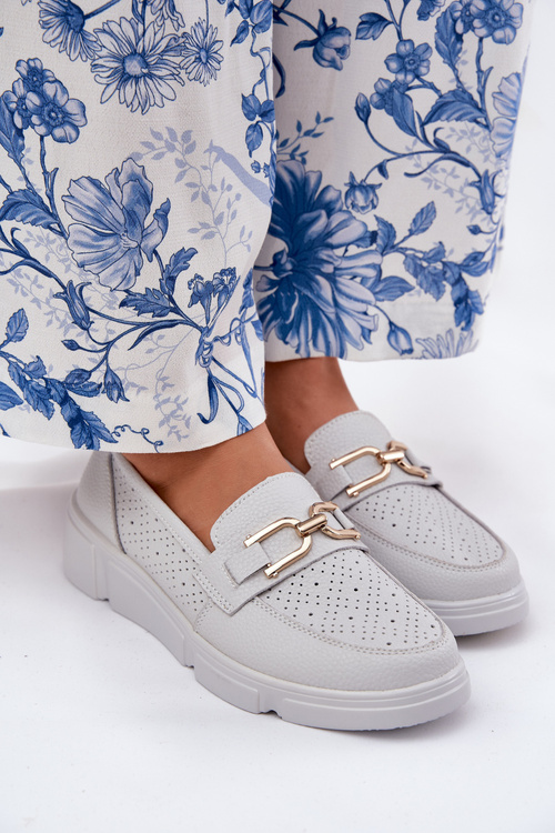 Жіночі Шкіряні Мокасини з Золотим Деталем Jasnoszare Vinceza 88007