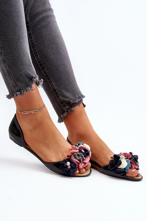 Жіночі гумові балетки з квітами Чорні Junikla