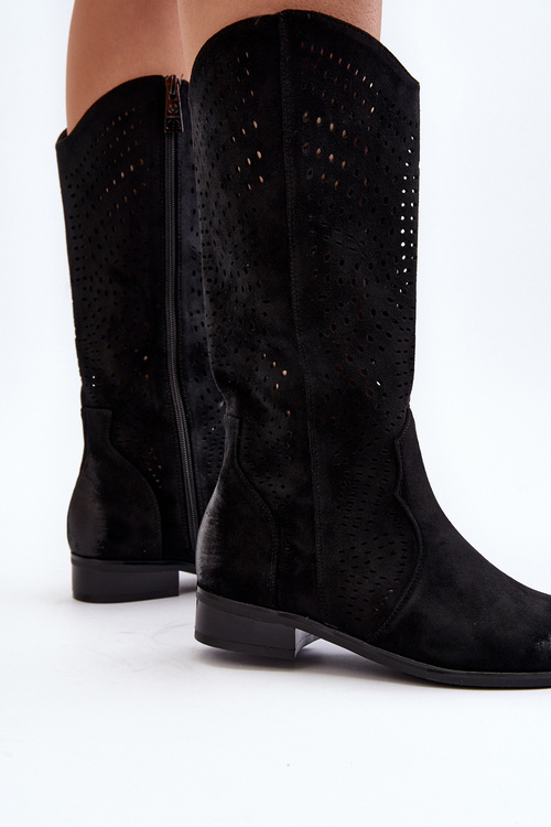 Ажурні жіночі чоботи Zazoo 3403 на низькому каблуці коричневі