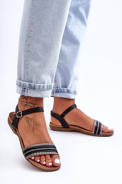 Жіночі класичні сандалі на плоскій підошві чорні SBarski 6708