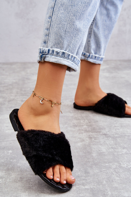 Жіночі туфлі на плоскому каблуці з хутром чорного кольору Lussie