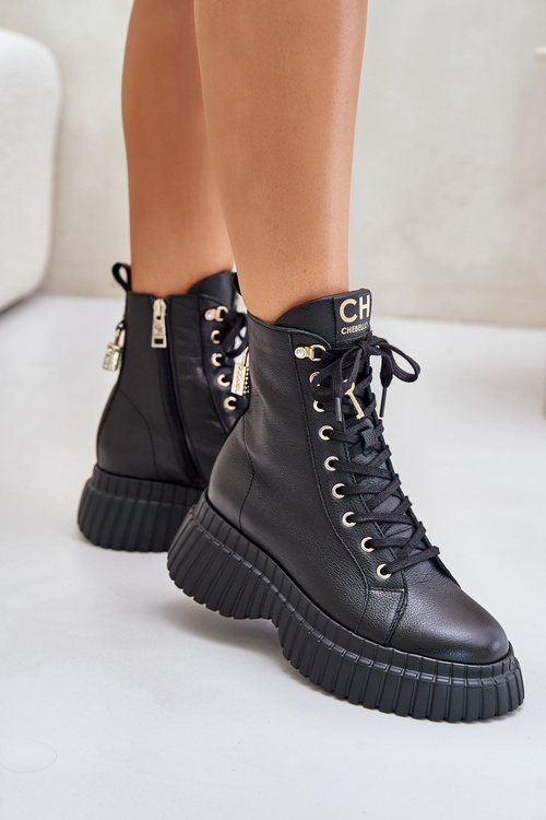 Шкіряні ботильйони на платформі на блискавці та декоративному замку CheBello 4517 Чорні