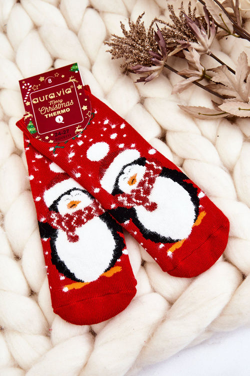 Дитячі новорічні бавовняні термоактивні шкарпетки Penguin Red