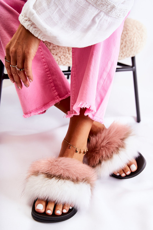 Тапочки з натуральним хутром біло-рожевий Натуріс