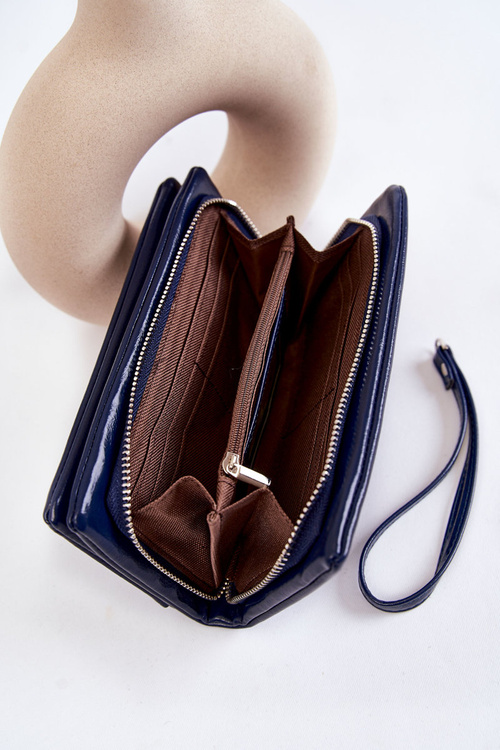 Жіночий великий шкіряний гаманець на блискавці темно-синього блиску