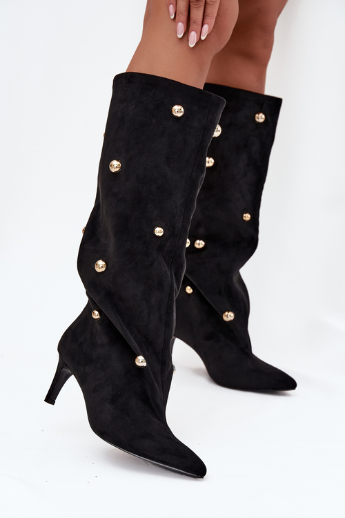 Сліпони жіночі чоботи на підборах із золотими прикрасами Чорні Thaliane