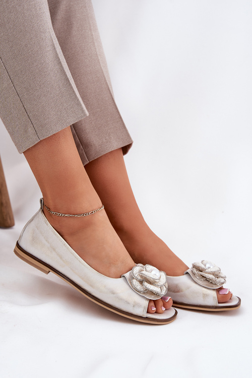 Шкіряні Балерини З Відкритими Пальцями Та Квіткою Zazoo 1870 Зношене Золото