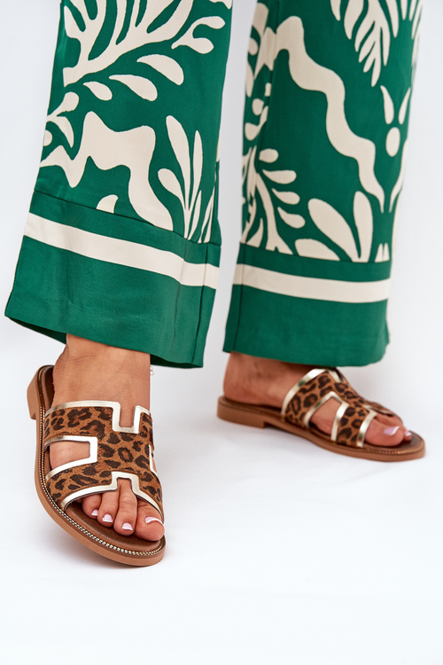 Шкіряні Плоскі Сандалі З Пантерами Zazoo 40383 Коричневі