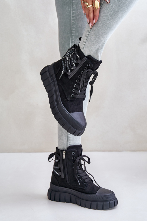 Чоботи жіночі на платформі з декоративною шнурівкою Чорні Edidda