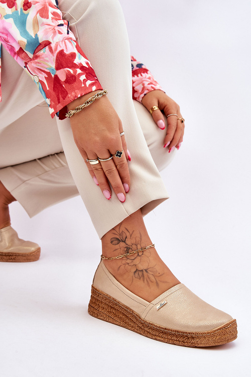 Жіночі шкіряні еспадрільї на танкетці бежево-золотого кольору Hadlee