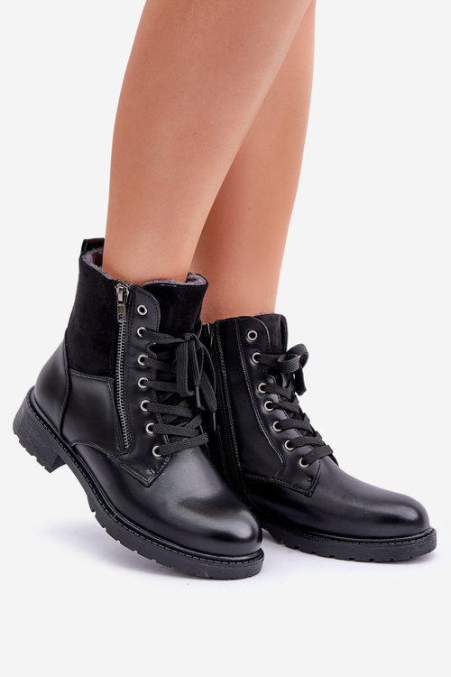 Утеплені черевики на плоскому каблуці еко шкіра чорні Naoise