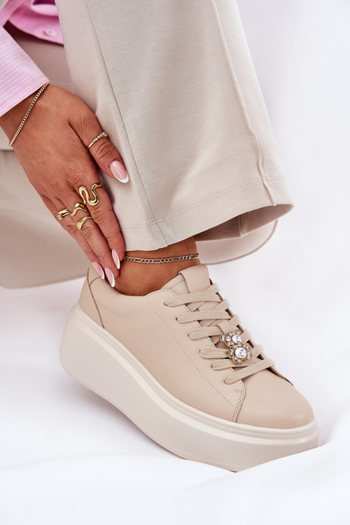Жіноче Спортивне Взуття З Шкіри На Платформі З Прищіпкою Vinceza 39922 Бежеве