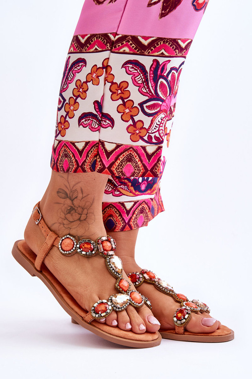 Замшеві босоніжки на плоскій підошві з камінням помаранчеві Dallas