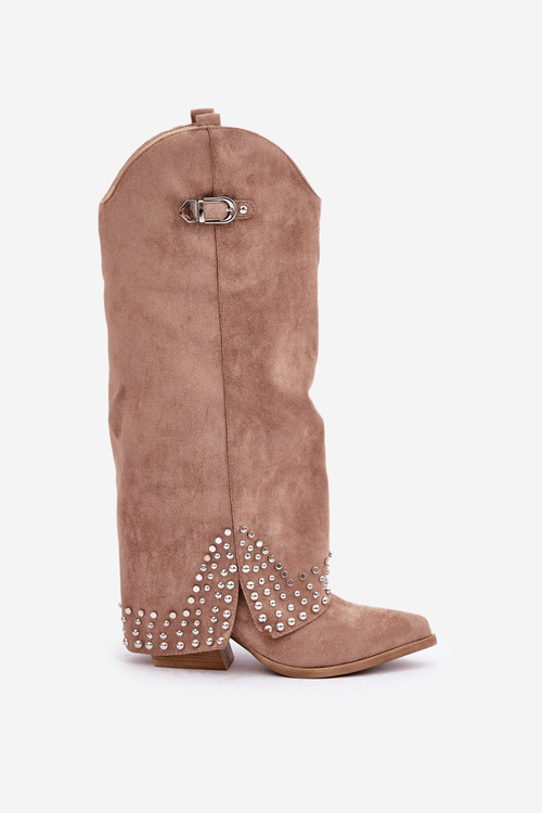 Чоботи З Загнутим Хутром На Каблуці Темно-бежеві Iveliri