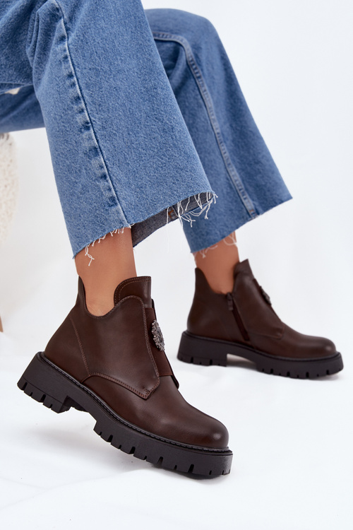 Утеплені Низькі Жіночі Чоботи З Декором На Блискавці Коричневі Lavira