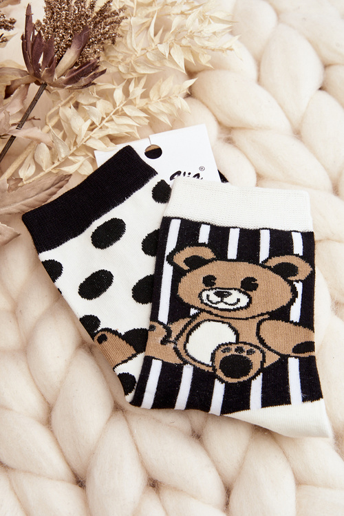 Жіночі різнокольорові шкарпетки з ведмедиком чорно-білі